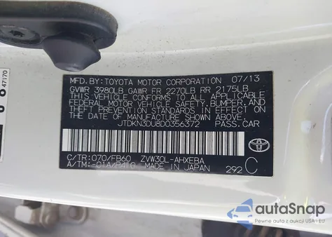 2013 Toyota Prius from USA, damaged, VIN JTDKN3DU8D0356372